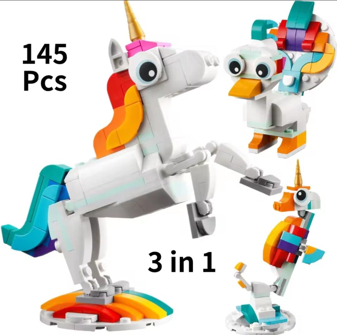 3-in-1 building block set featuring unicorn, duck, and seal models with 145 colorful pieces