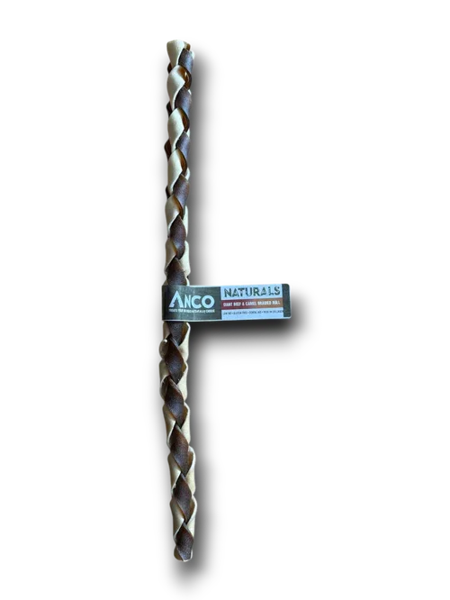Anco Naturals braided dog chew stick made of dried beef and camel, dark and light brown colors