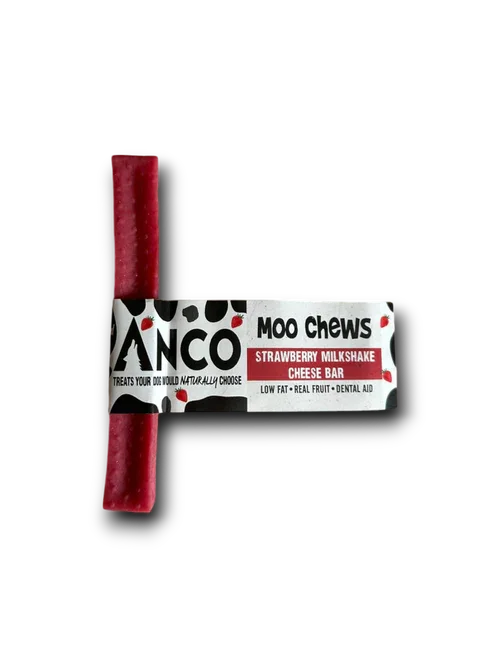 Anco Moo Chews Strawberry Milkshake Cheese Bar dog treat with cow pattern label and strawberry graphics