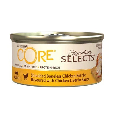 Wellness CORE Signature Selects canned dog food shredded boneless chicken with chicken liver in sauce
