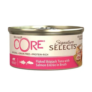 Wellness CORE Signature Selects adult cat food can Flaked Skipjack Tuna with Salmon Entrée in broth