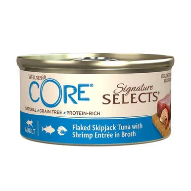 Wellness CORE Signature Selects grain-free adult cat food canned flaked skipjack tuna with shrimp entrée in broth