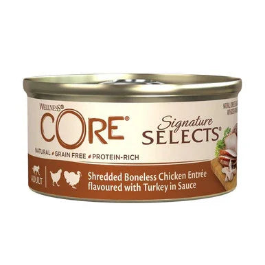 Wellness Core Signature Selects canned shredded boneless chicken and turkey dog food in sauce