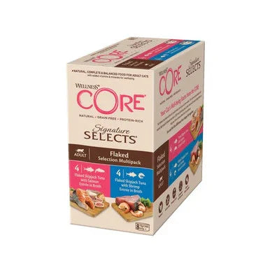 Wellness CORE Signature Selects Flaked Selection Multipack cat food box with tuna and shrimp flavors