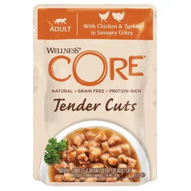 Wellness CORE Tender Cuts grain-free wet cat food pouch with chicken and turkey in savory gravy