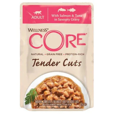 Wellness CORE Adult grain free cat food pouch with salmon and tuna tender cuts in savory gravy
