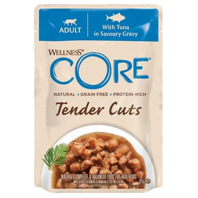 Wellness CORE tender cuts adult cat food pouch with tuna in savory gravy, grain-free protein-rich