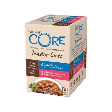 Wellness CORE Tender Cuts Tuna Selection Multipack canned dog food box with savory gravy for adult dogs