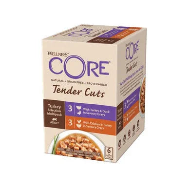 Wellness CORE Tender Cuts adult dog food multipack with turkey, duck, and chicken in savory gravy