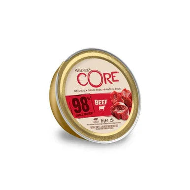 Wellness CORE grain-free beef wet cat food can with 98% animal protein on label
