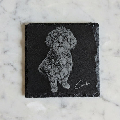 Custom Pet Portrait Slate Coaster | Personalised Laser Engraved Gift with Pet's Name