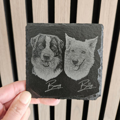 Custom Pet Portrait Slate Coaster | Personalised Laser Engraved Gift with Pet's Name